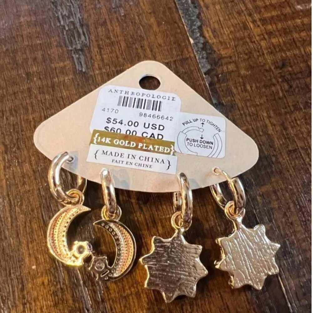 Anthropologie NWT Starry Night Charm Huggie Hoop Earrings-Set of 2 In Gold - Picture 4 of 4